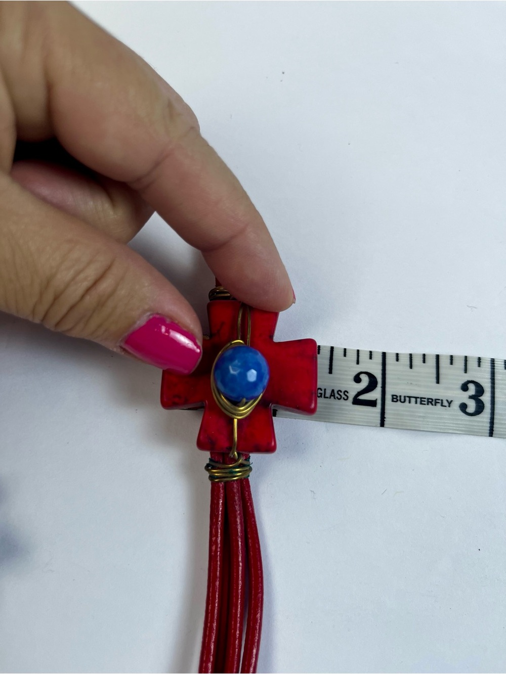 Handcrafted Red Cross Pendant Necklace with Blue Accent and leather cords $30 - Picture 5 of 7